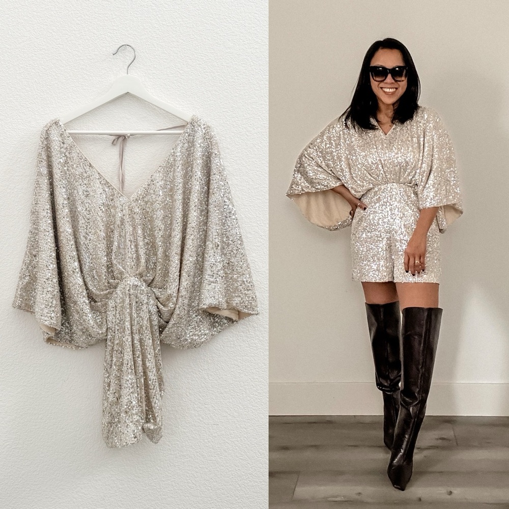 Champagne Sequin Kimono Sleeve Romper | Open Back Tie | Party Cocktail (S)